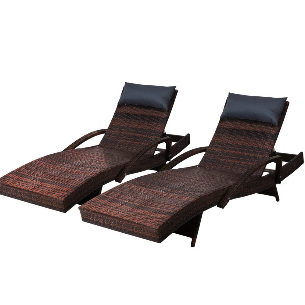 Set of 2 Bianca Outdoor Sun Lounger Chairs with Pillow Headrests - Brown