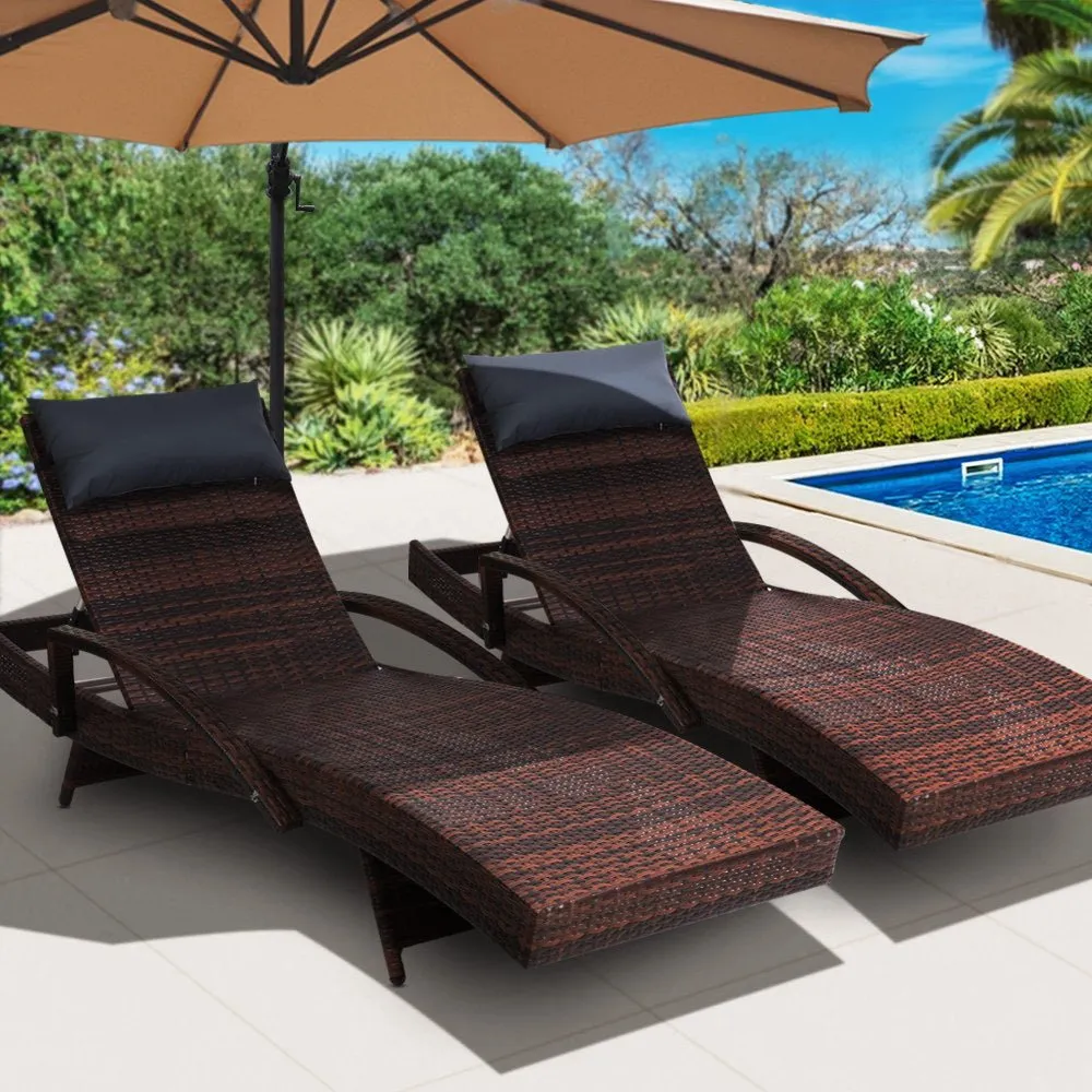 Set of 2 Bianca Outdoor Sun Lounger Chairs with Pillow Headrests - Brown