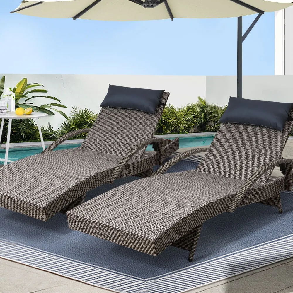 Set of 2 Bianca Outdoor Sun Lounger Chairs with Pillow Headrests - Grey