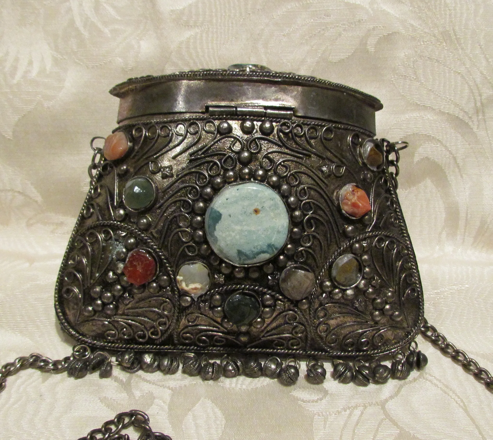 Silver Shell Purse Shoulder Metal Pillow Purse Natural Agate Stones Boho