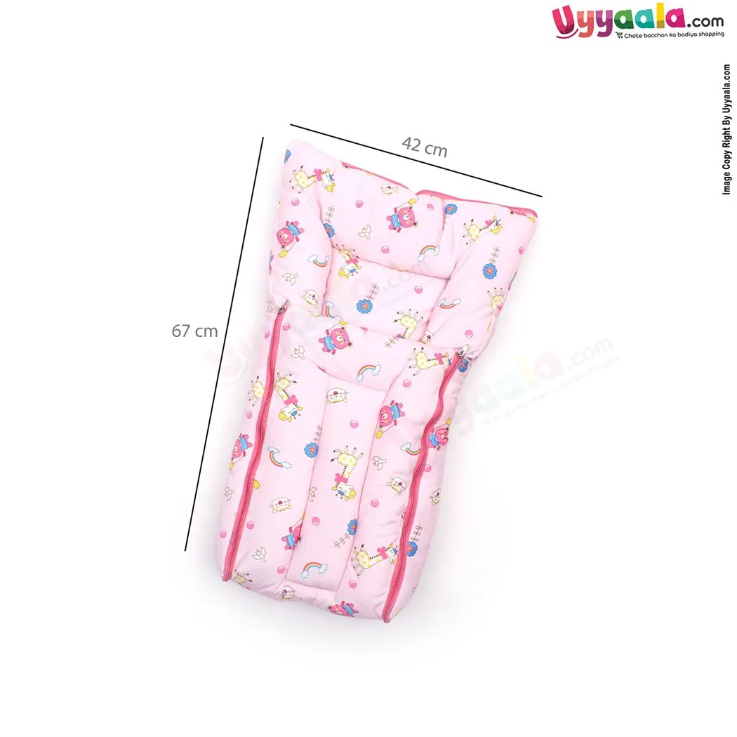 Sleeping Bag(Carry Nest) Premium Velvet, Bear & Giraffe Print Light 0-3m Age, Pink