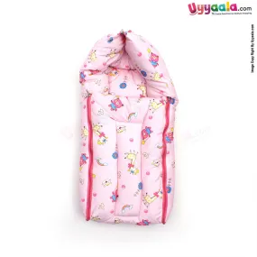 Sleeping Bag(Carry Nest) Premium Velvet, Bear & Giraffe Print Light 0-3m Age, Pink