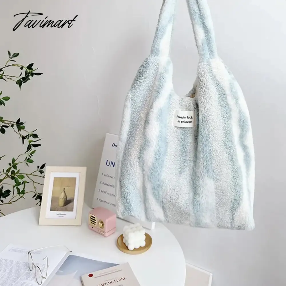 Tavimart Winter Plush Shoulder Bag Women's Large Capacity Tote Stripe Ink Pattern Fluffy Shopping Bags Handbag