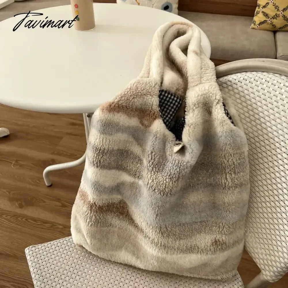 Tavimart Winter Plush Shoulder Bag Women's Large Capacity Tote Stripe Ink Pattern Fluffy Shopping Bags Handbag