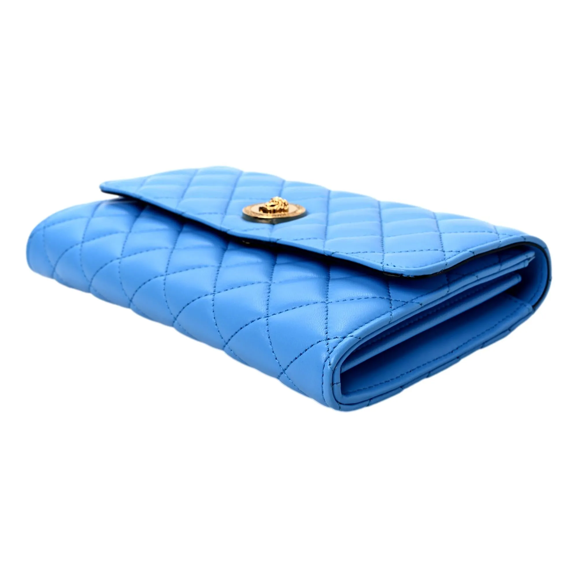 Versace La Medusa Blue Quilted Lamb Leather Crossbody Clutch Bag