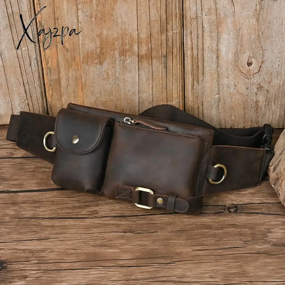 Xajzpa - Men Waist Belt Bag Fanny Pack Purse Genuine Leather Cross body Shouder Travel Male Real Cowhide Hip Bum Waist Pack Bags