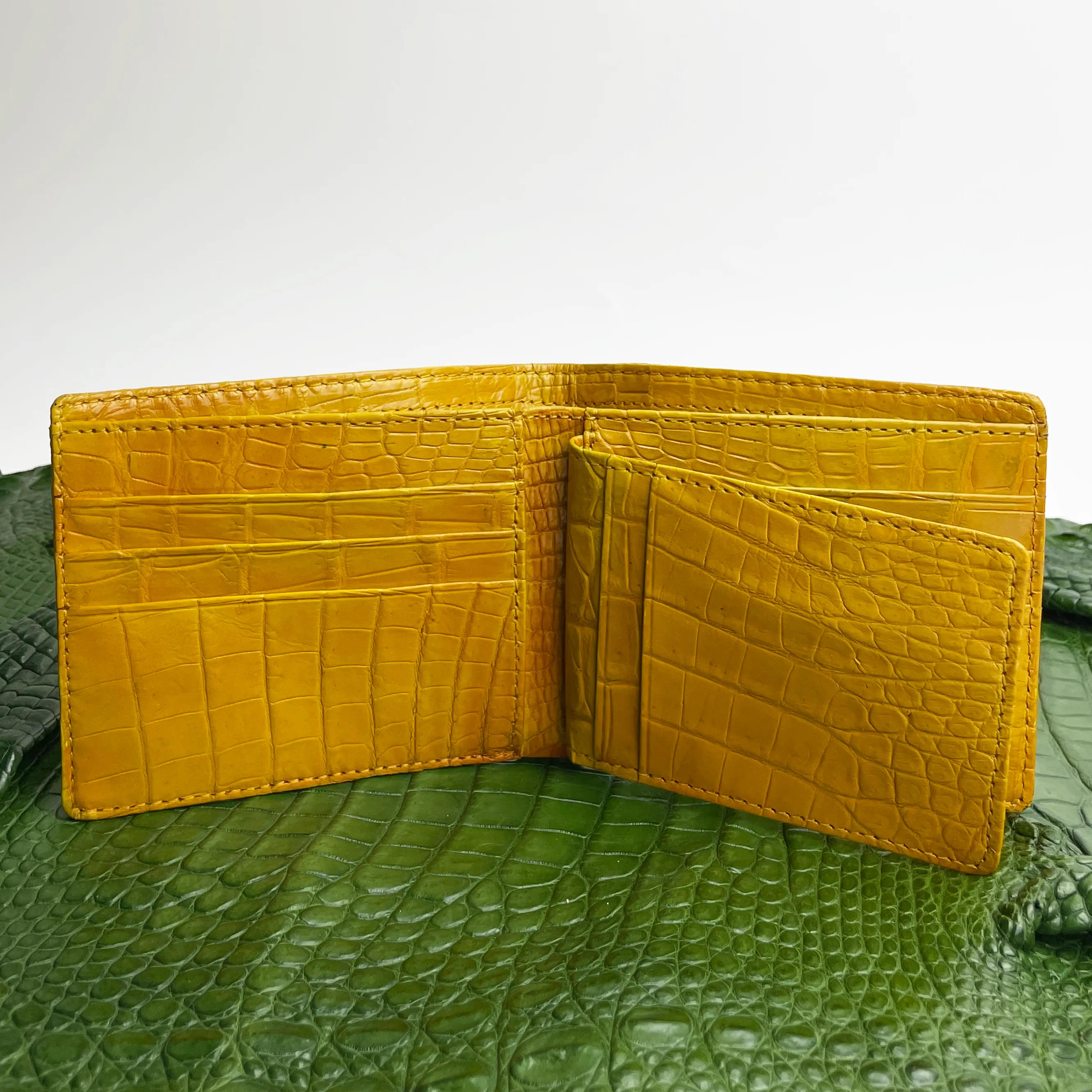 Yellow Double Side Alligator Hornback Leather Bifold Wallet For Men | Handmade Crocodile Wallet RFID Blocking | VINAM-108