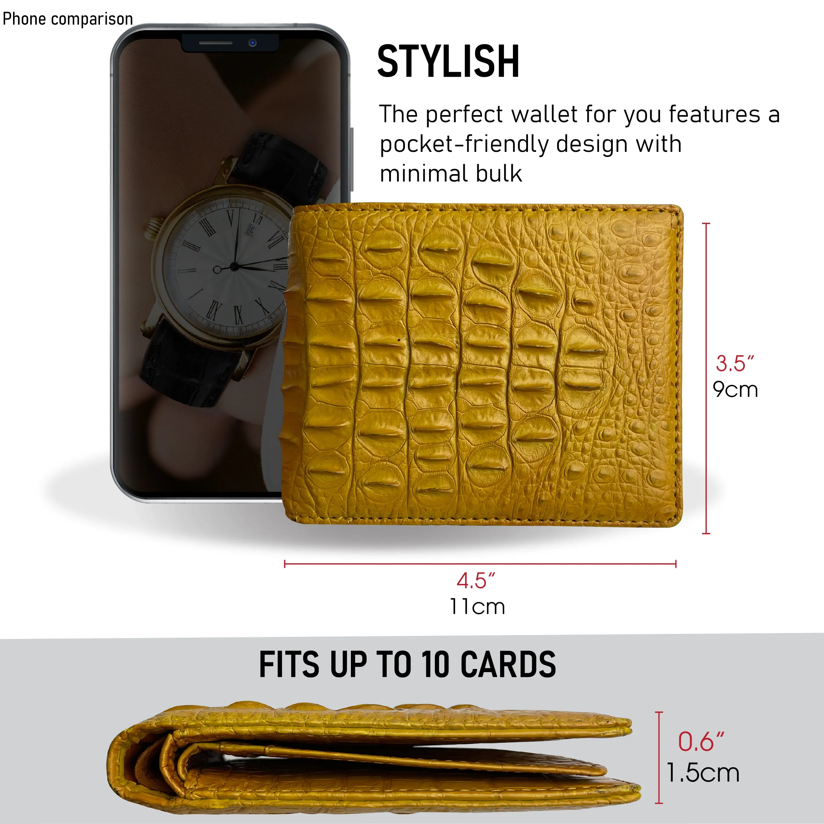 Yellow Double Side Alligator Hornback Leather Bifold Wallet For Men | Handmade Crocodile Wallet RFID Blocking | VINAM-108