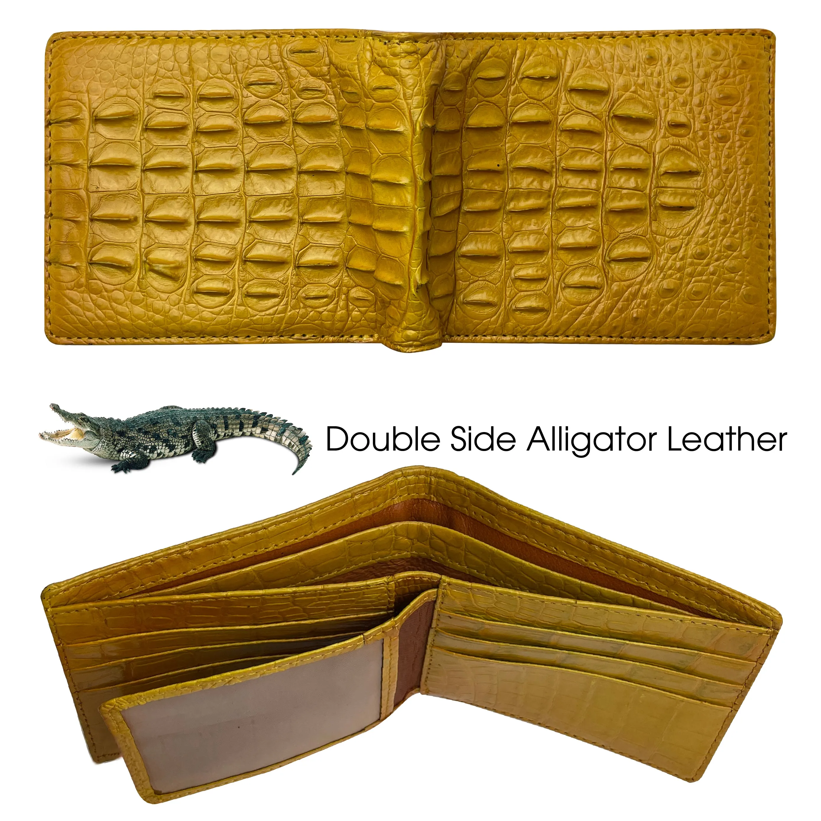 Yellow Double Side Alligator Hornback Leather Bifold Wallet For Men | Handmade Crocodile Wallet RFID Blocking | VINAM-108